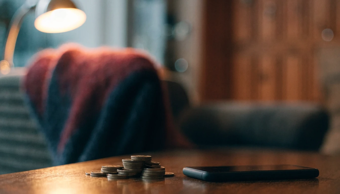 Norske tikronersmynter på et trebord ved siden av en lukket mobiltelefon i en koselig stue.