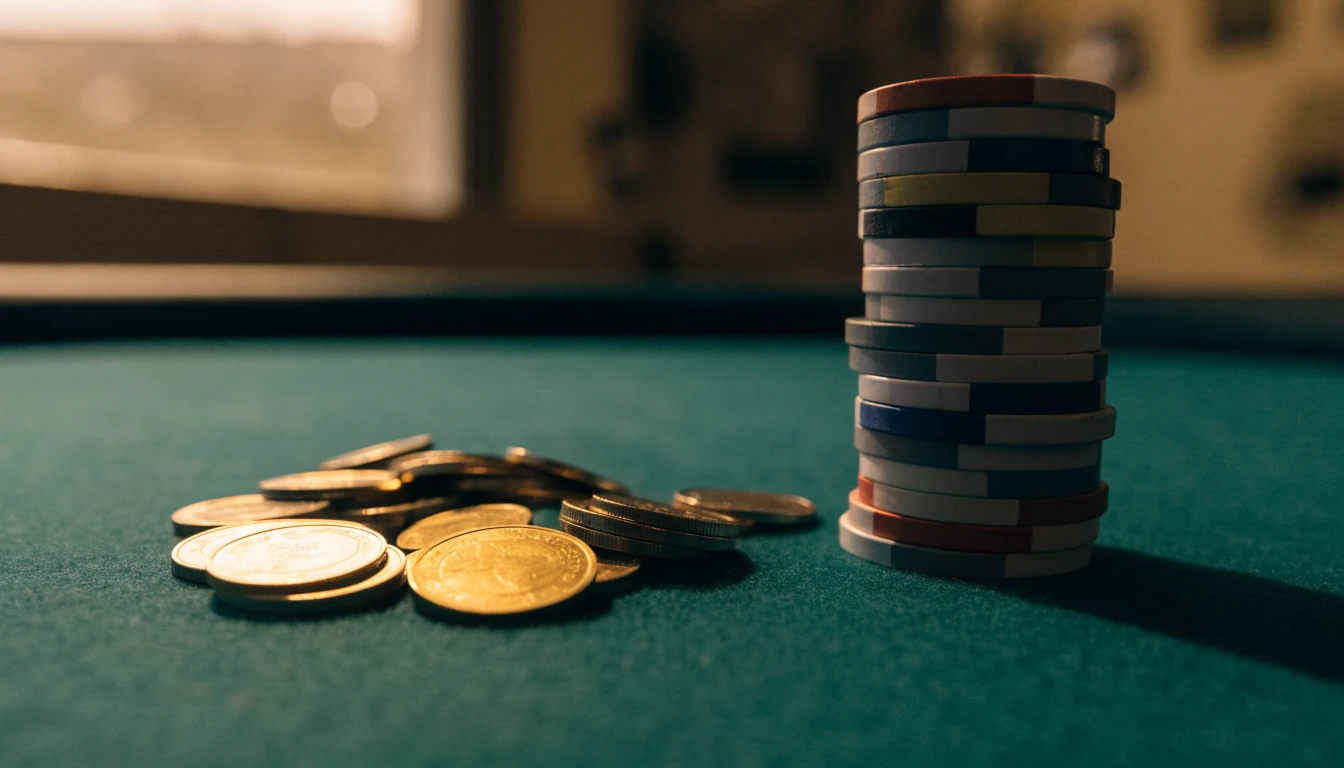 Norske 20-kronersmynter og pokerjetonger på et casinobord