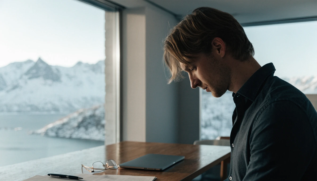 Norsk anmelder ved skrivebordet med utsikt over fjord og fjell