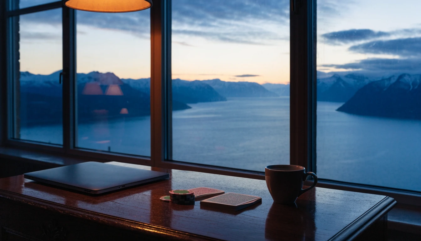 Skrivebord ved Oslofjorden med kort og jetonger