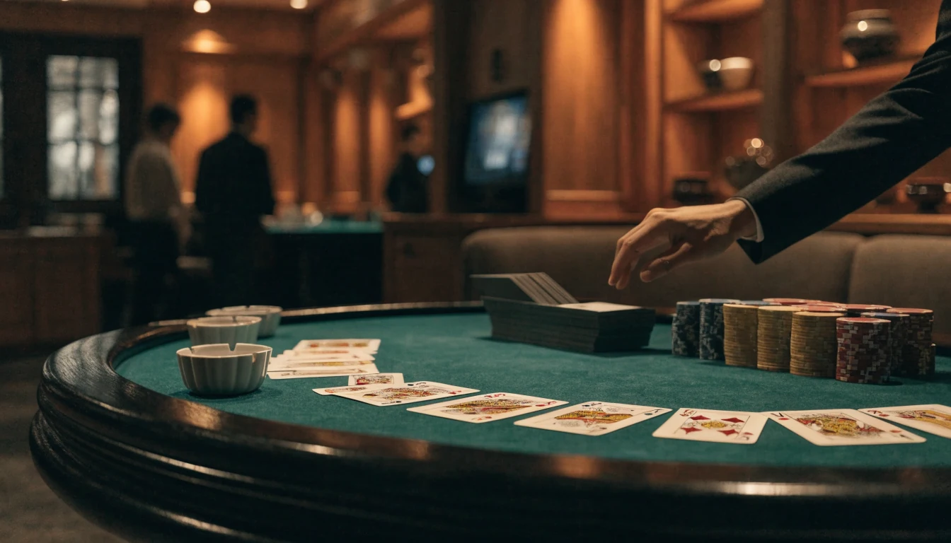 Elegant norsk casinointeriør med blackjackbord og fargekodede sjetonger