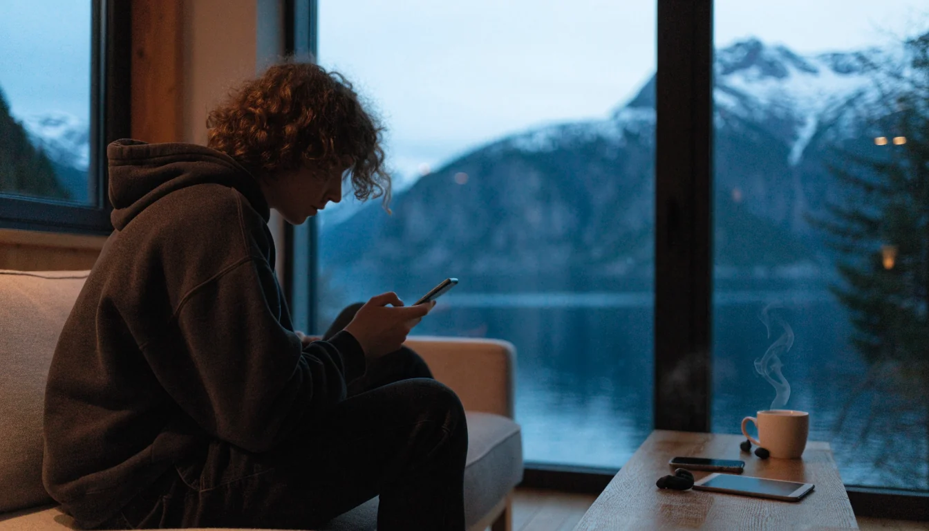 Person som holder en smarttelefon i en moderne norsk stue