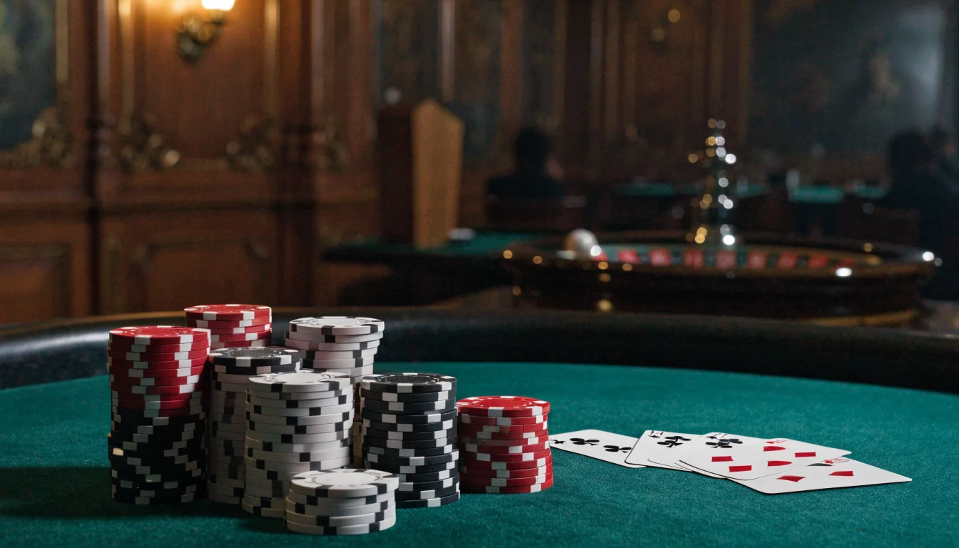 Elegant baccarat-bord med jetonger og kort i norsk casino