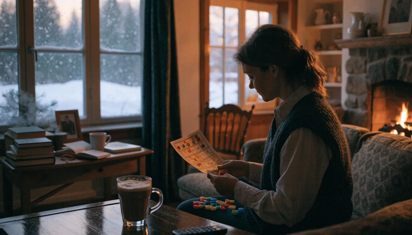 Koselig bingobord med fargede bingobrett, daubere og sjetonger i varmt lys