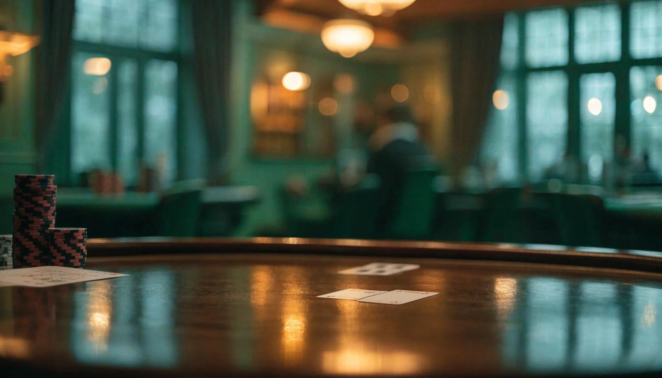 Elegant casinointeriør med blackjack-bord og jetonger i varm belysning