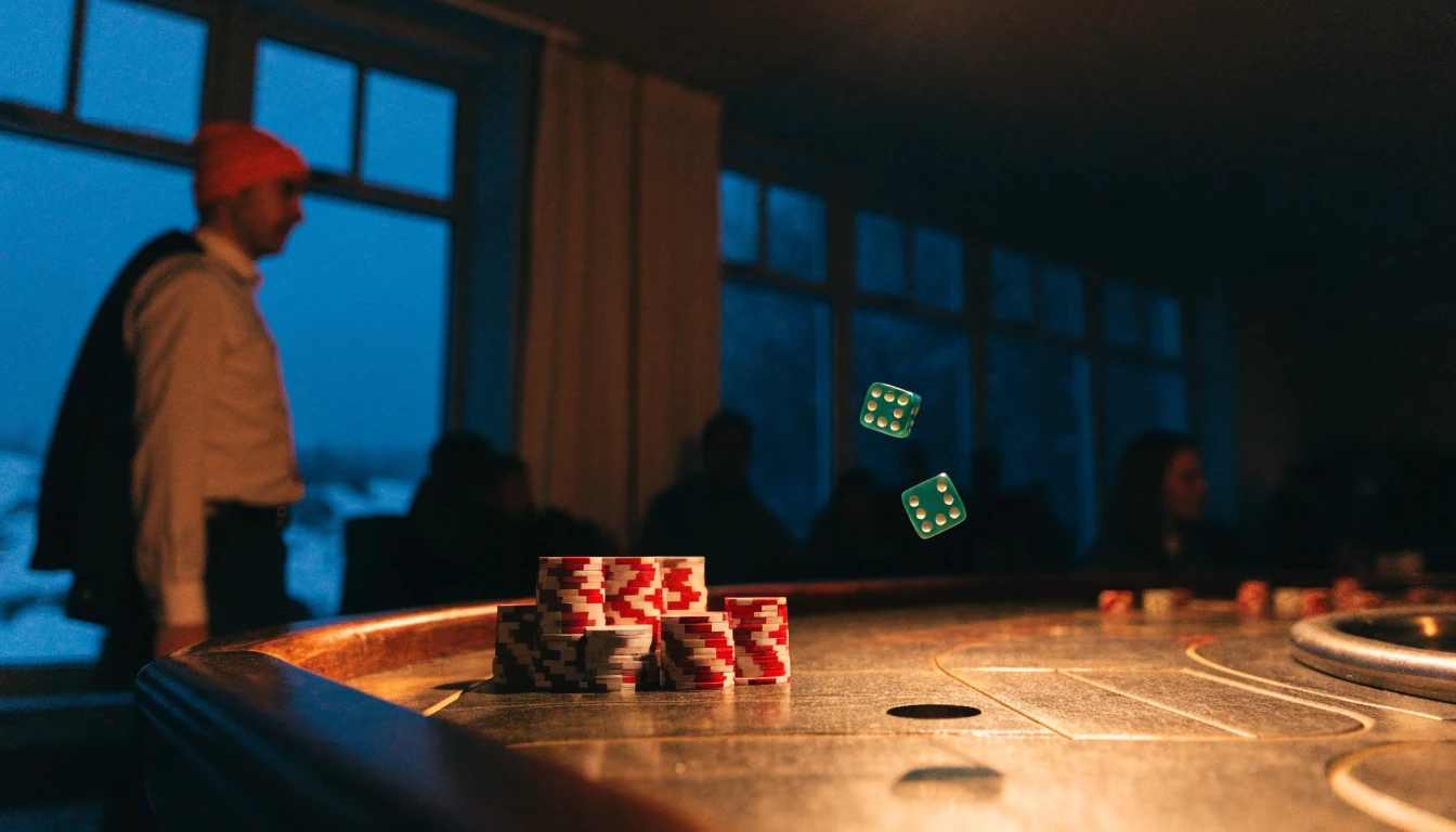Casinobord med craps, terninger og jetonger i varm belysning
