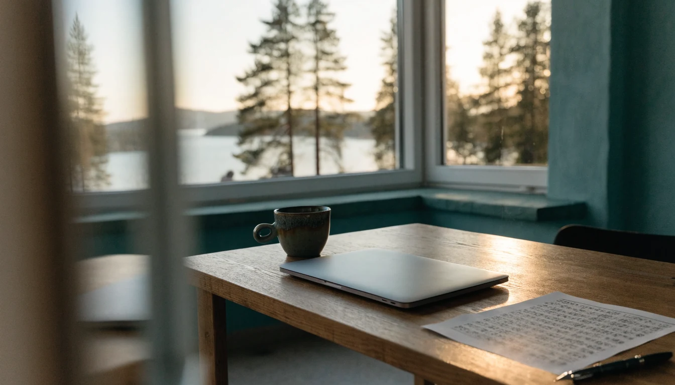 Norsk hjemmekonto med keno-ark, kaffekopp og lukket bærbar pc ved siden av et vindu mot en fjord.