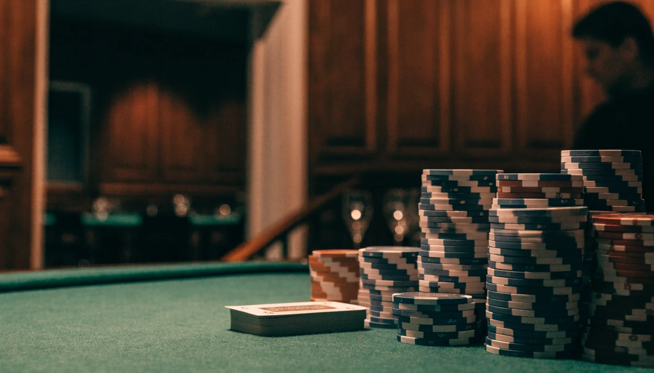 Elegant casino-bord med kortstokk og jetonger i norsk spillestil