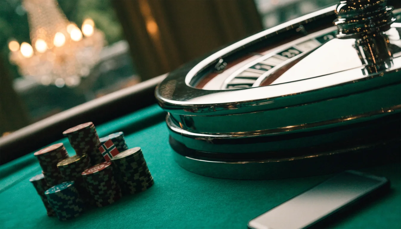 Rulettbord med hjul og jetonger i et elegant casino
