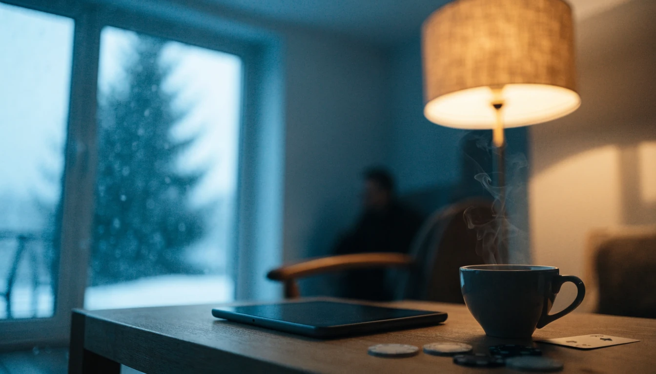 Norsk stue med nettbrett, spillebrikker og kaffekopp ved skumring