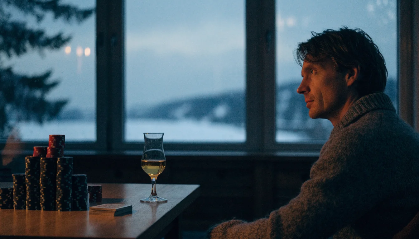 Nordisk stue med pokerjetonger og kort på bordet