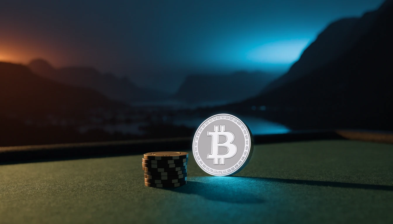 Bitcoin-mynt og pokerjetonger på casinobord med norske fjorder i bakgrunnen