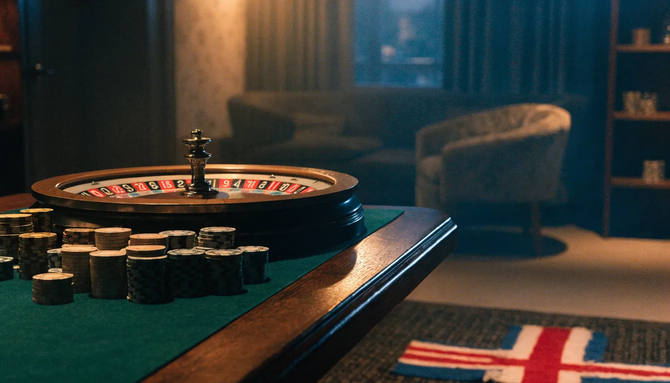 Norsk casinostue med rulettbord og jetonger i varm belysning