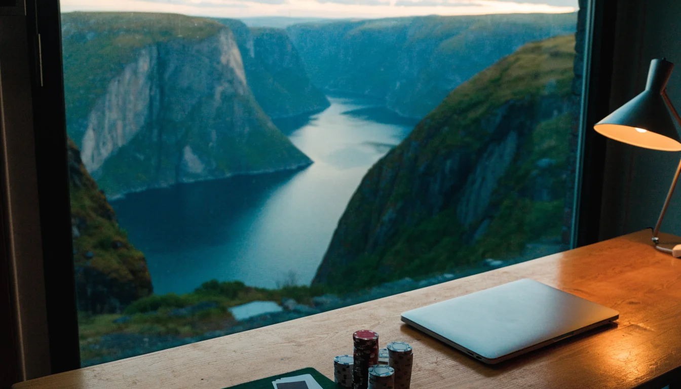 Laptop og casinobrikker på skandinavisk skrivebord med utsikt over norsk fjord