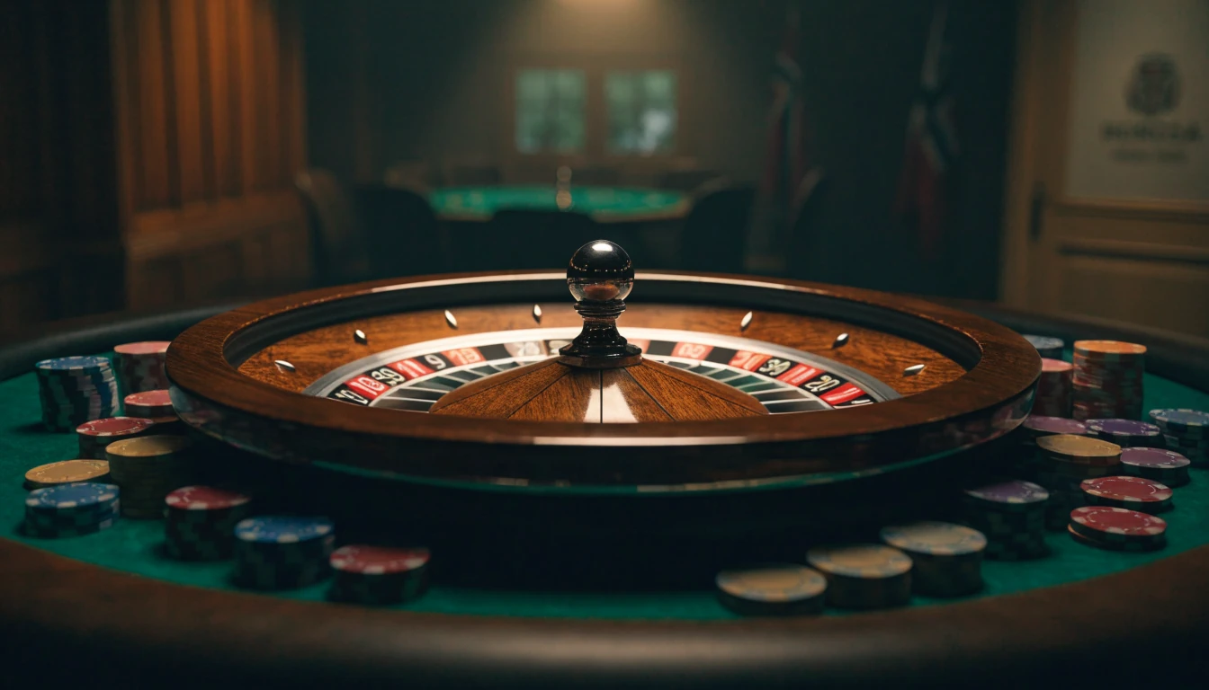 Live ruletthjul i elegant casino-studio med norsk flagg