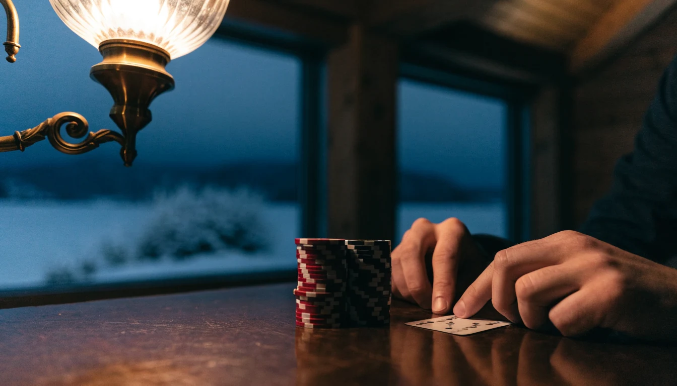 Bord med casinobrikker og kort i en norsk hytte