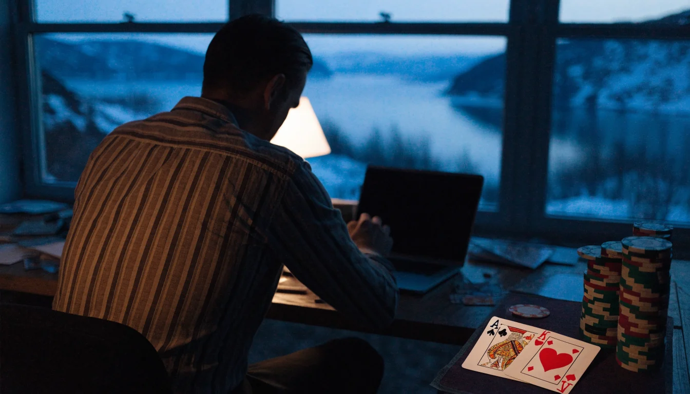 Mann ved skrivebordet om kvelden med kort og jetonger, laptop lukket
