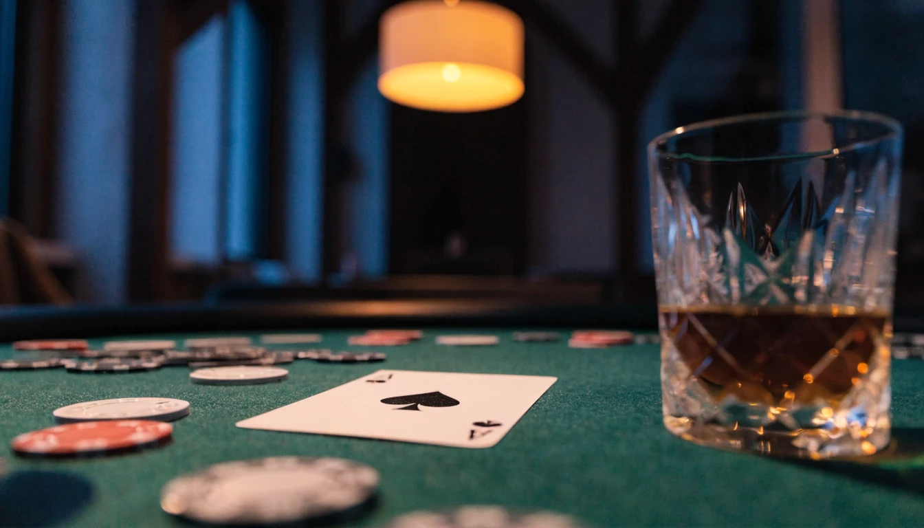 Elegant blackjack-bord med sjetonger og ess i et nordisk loungeinteriør