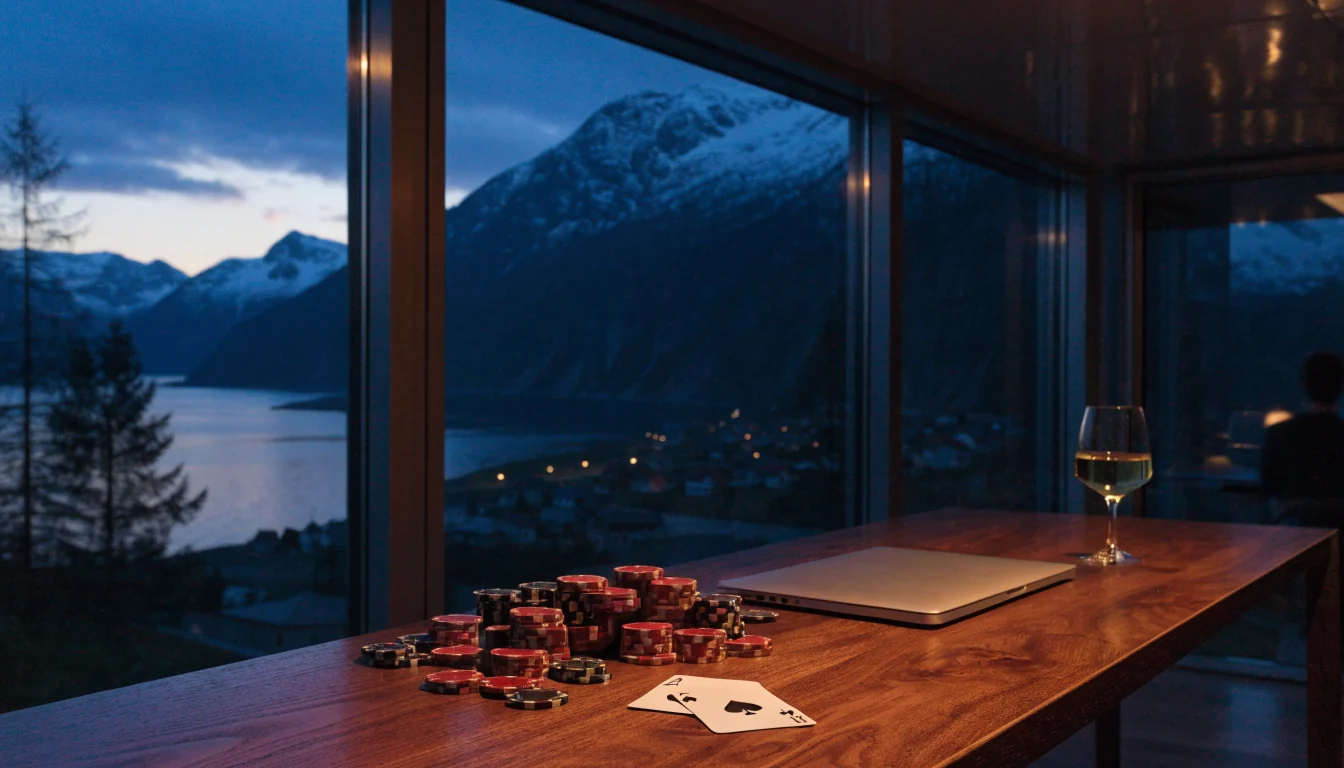 Moderne nordisk rom med utsikt over fjord, casinobrikker og spillkort på trebord, lukket bærbar PC
