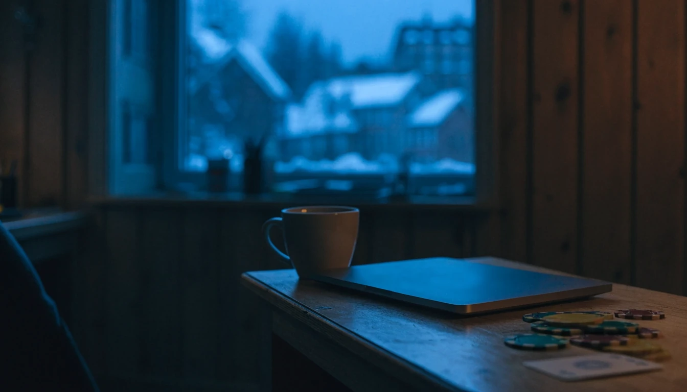 Stille hjemmekontor med stengt laptop og jetonger i nattelig skandinavisk atmosfære
