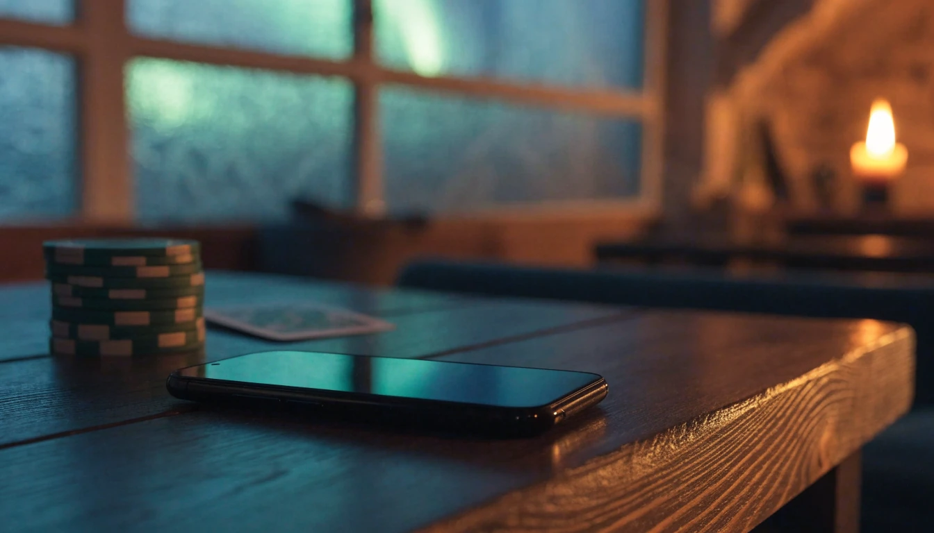Smarttelefon på norsk hyttebord med kasinobrikker og nordlys i vinduet