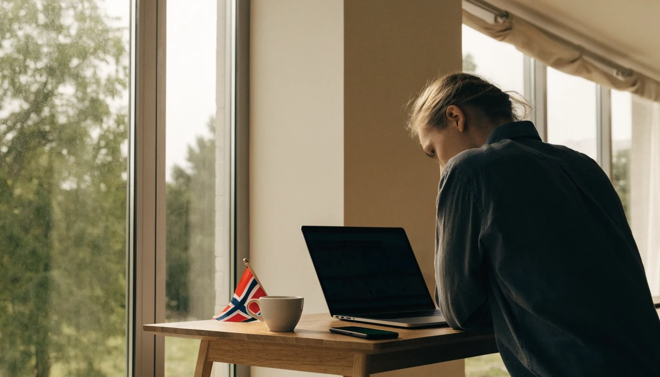 Person ved skrivebord i Norge med laptop og telefon, symbol for uttak fra casino