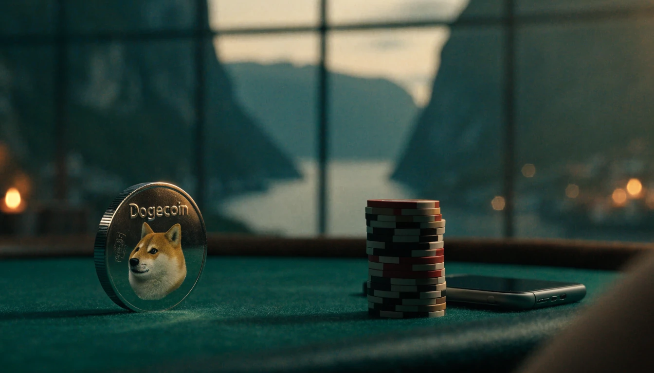 Dogecoin-mynt og casinobrikker på et mørkt bord med norsk fjord i bakgrunnen