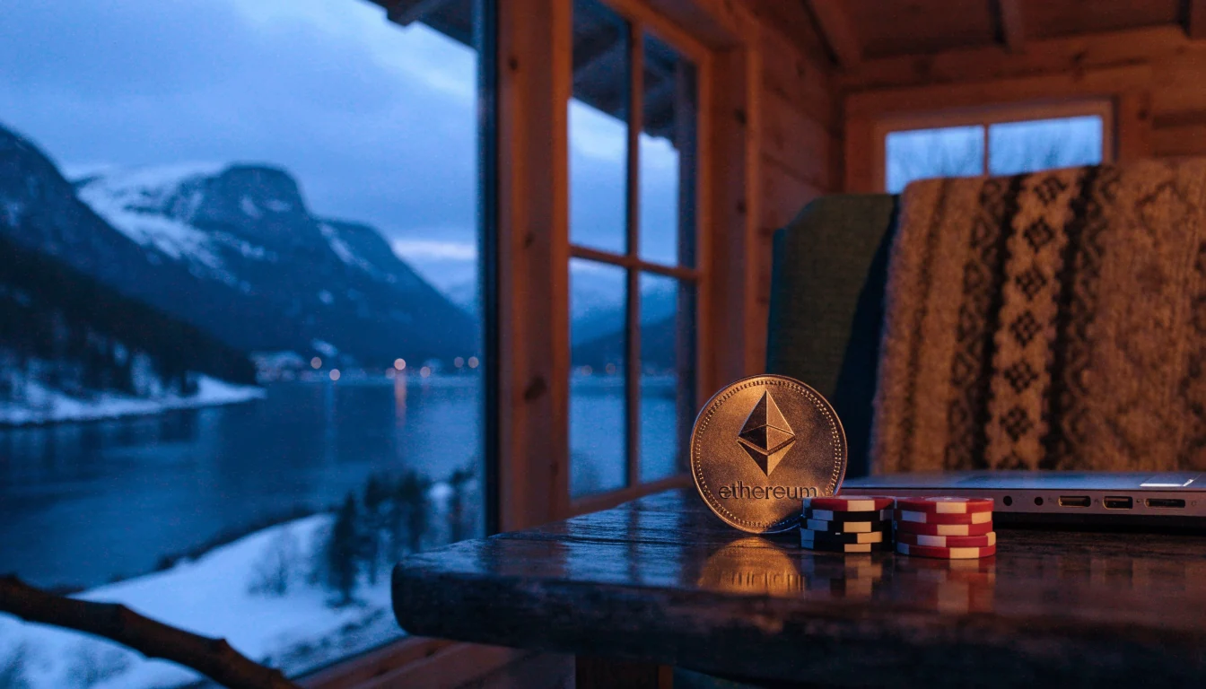 Ethereum-mynt og pokerjetonger på et trebord i en norsk hytte