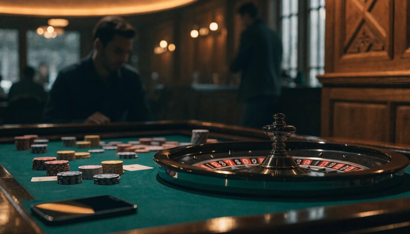 Elegant casinohall med rulettbord, jetonger og en telefon med skjermen ned