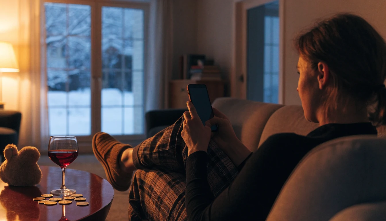 Person i norsk stue med telefon og gullmynter på bordet