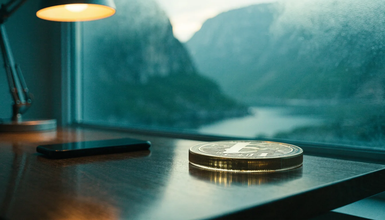 Litecoin-mynt på bord ved en smarttelefon med norsk fjord i bakgrunnen