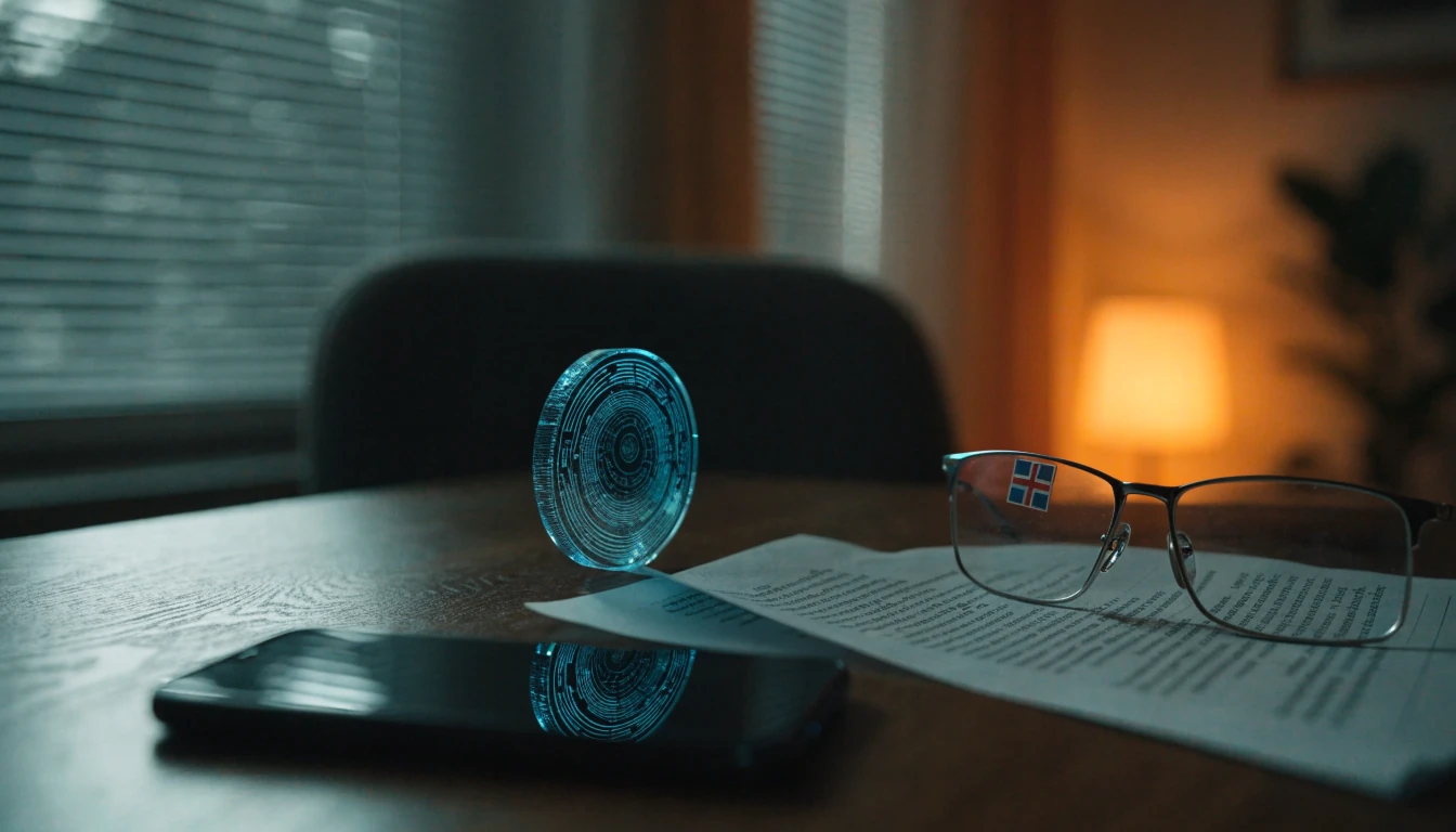 Tron-mynt på skrivebord med norsk dokument og flagg