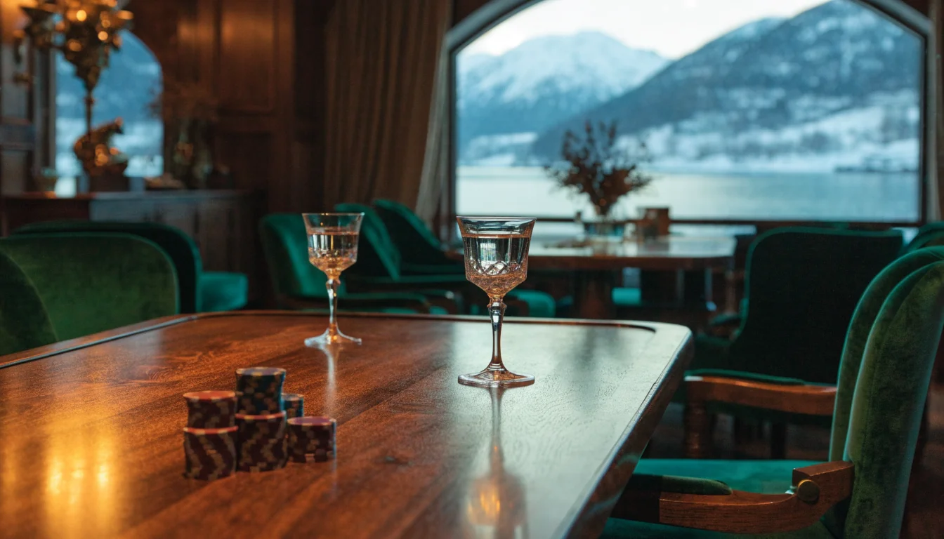 Eksklusiv casinostue med pokerbrikker og utsikt mot norsk fjord