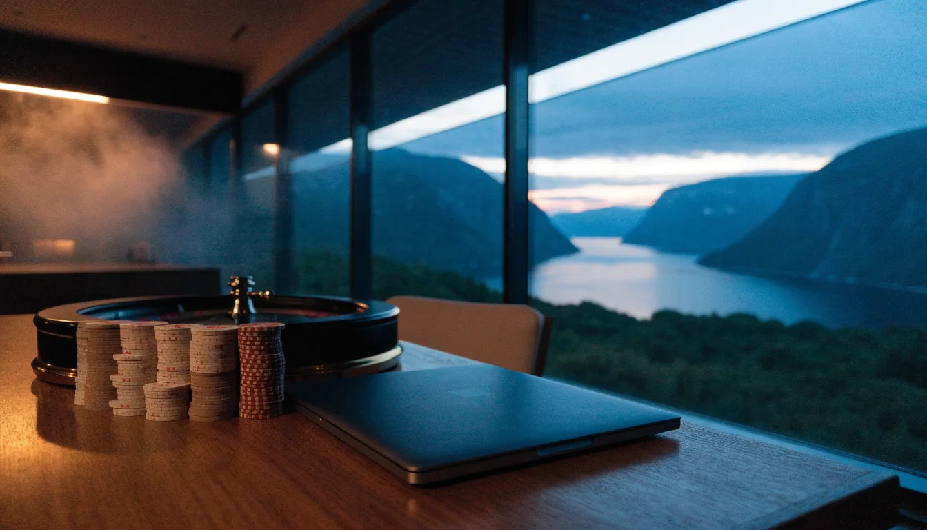 Norsk stue med rulett og jetonger ved fjorden i skumringen