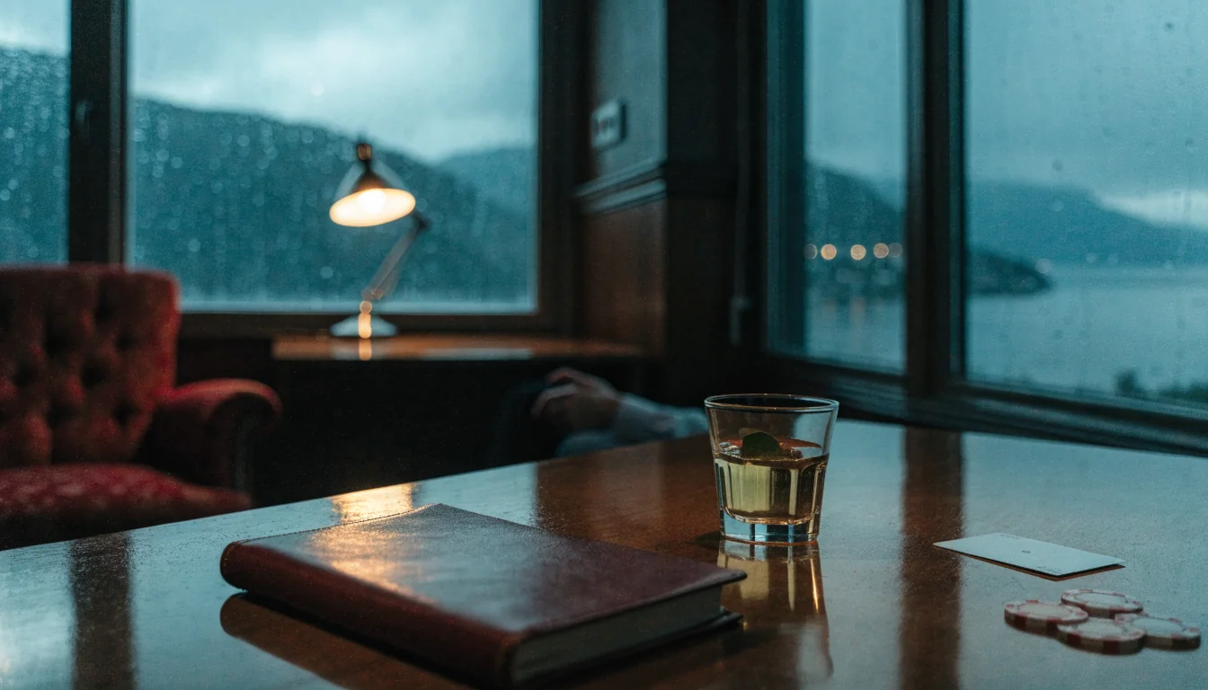 Norsk lounge med kasinobrikker og lukket notatbok ved vindu mot fjord