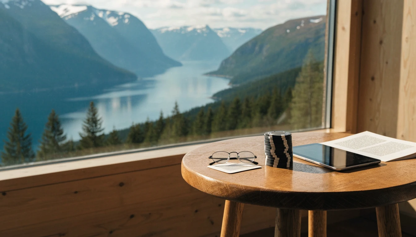 Koselig stue med casinoklosser, kort og nedfelt nettbrett, utsikt mot norsk fjord