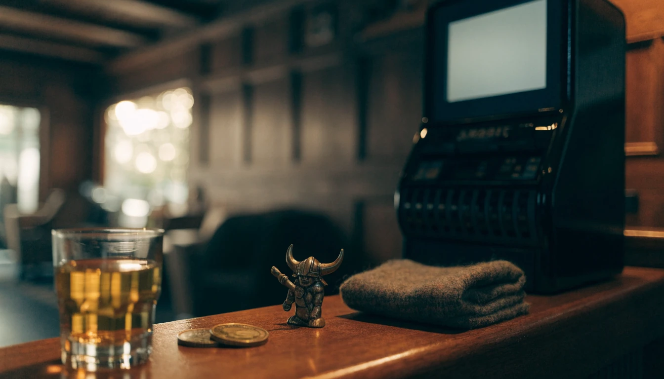 Moderne spilleautomat i en koselig norsk loungebar med mynter og akevitt