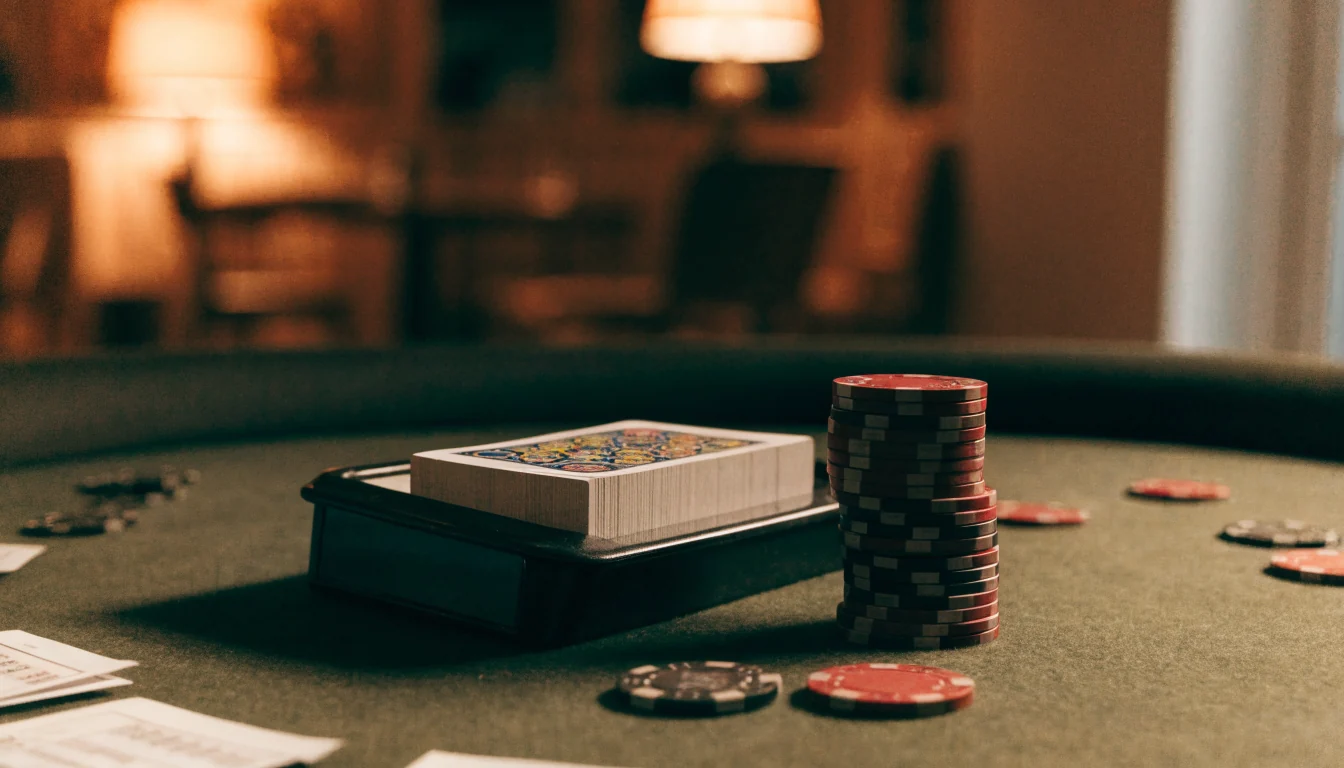 Blackjack-bord med kort og jetonger i norsk lounge