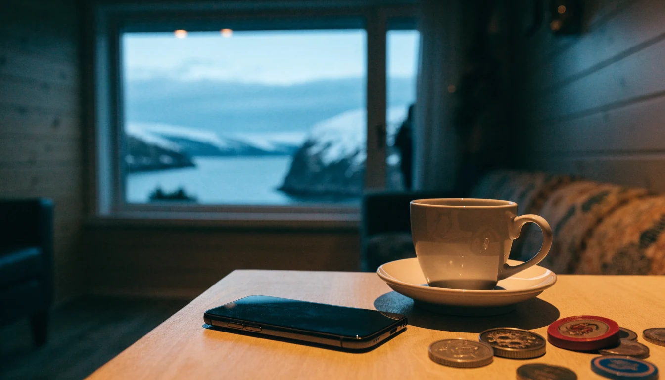 Telefon på bordet med spillebrikker og snøfjord i vinduet