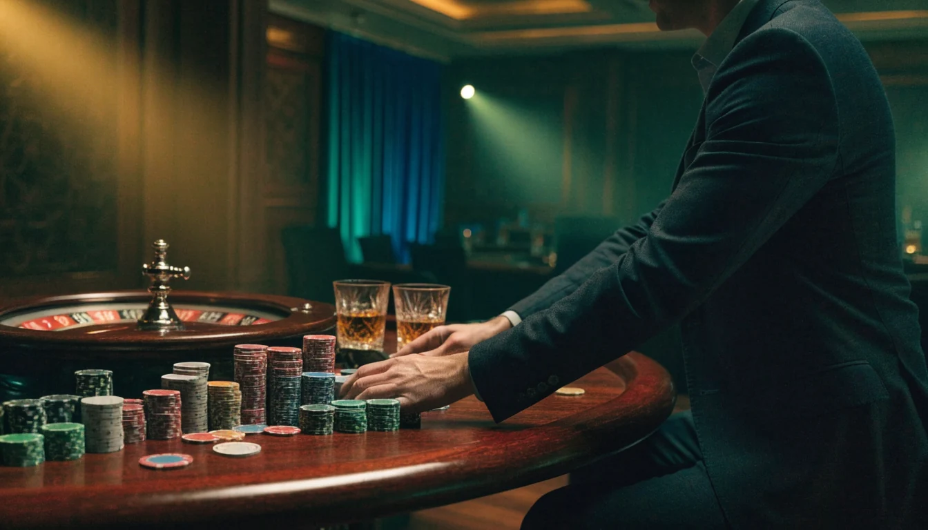 Eksklusiv highroller casinobord med jetonger og roulette i norsk VIP-salong