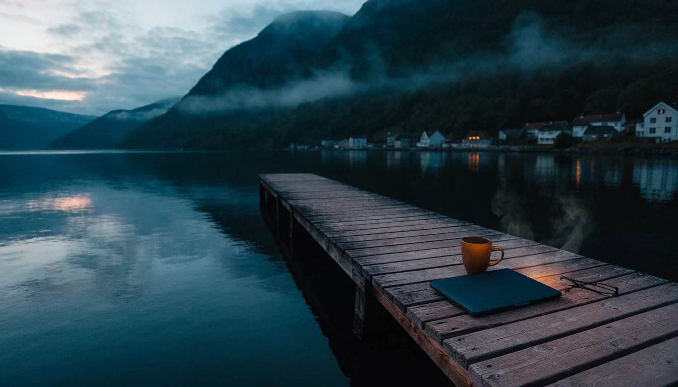 Stille norsk fjord ved skumring med lukket bærbar PC på en brygge