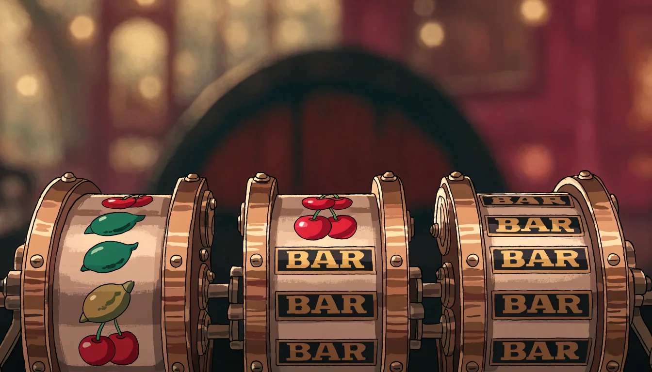 Retro illustrasjon av tre klassiske spilleautomathjul med fruktsymboler