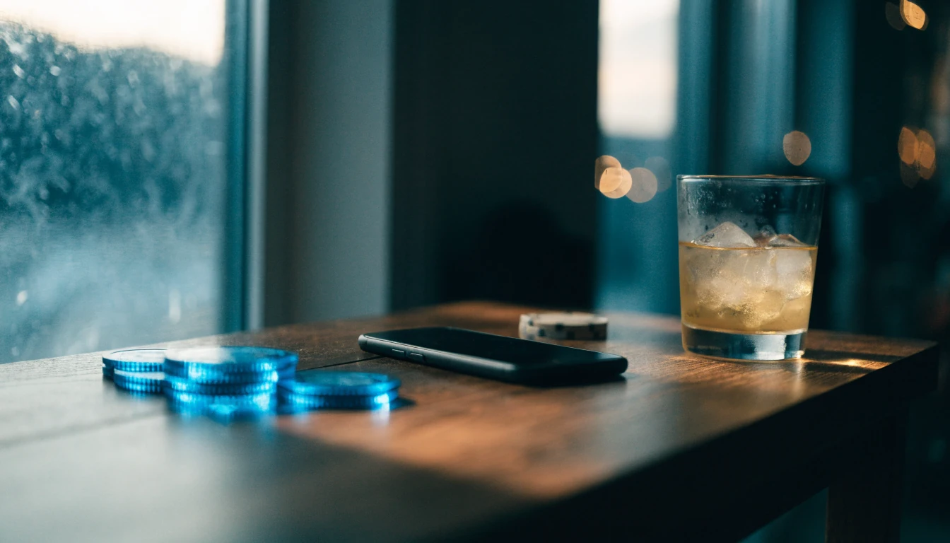 Kryptovaluta, pokerbrikke og mobil på et nordisk bord
