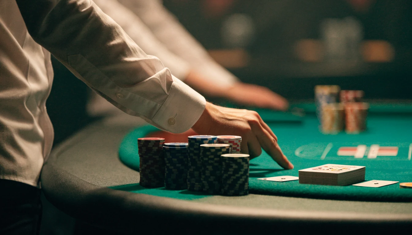Profesjonelt blackjack-bord med kort og jetonger i et live casino-studio