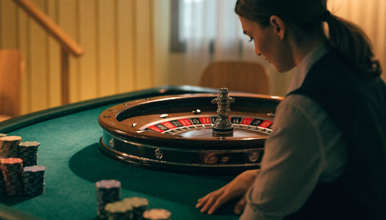 Live roulette dealer ved et ekte ruletthjul i studio
