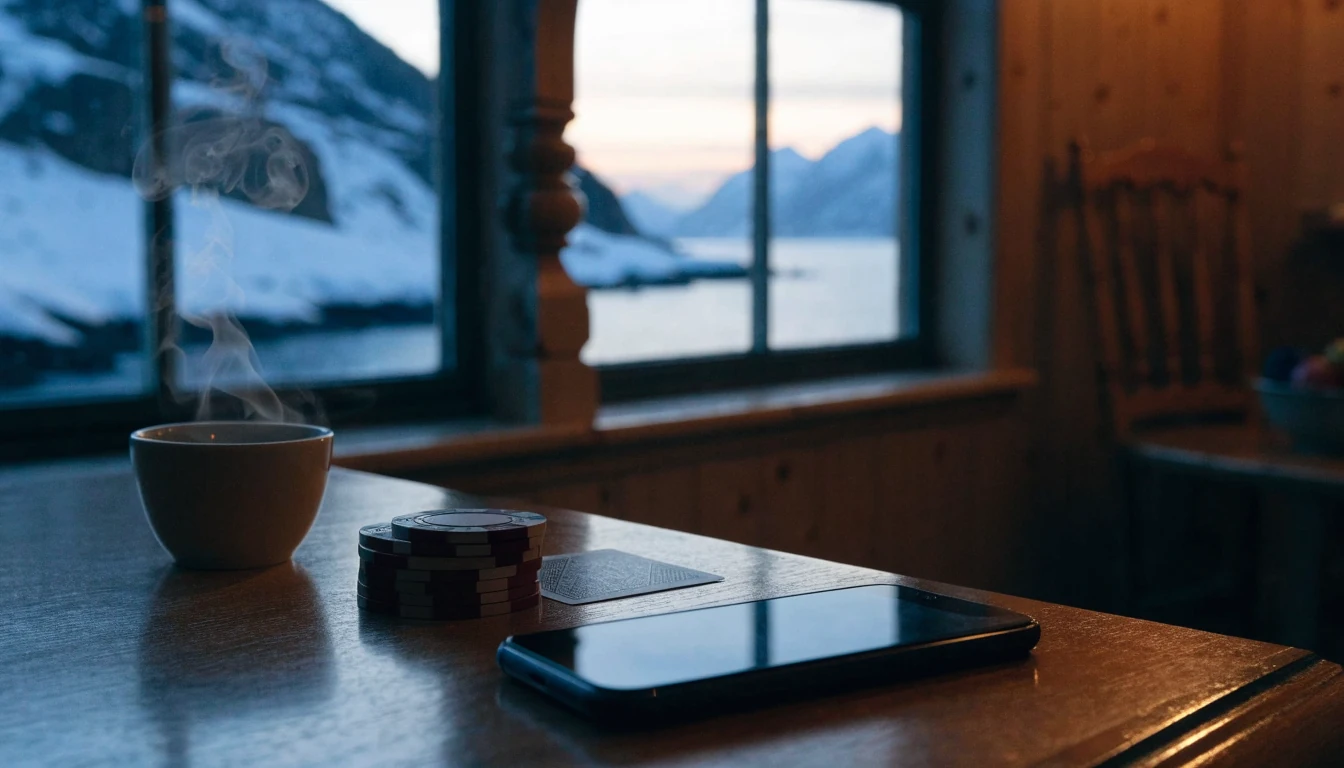Koselig norsk stue med fjordutsikt, telefon vendt ned og casinokjetonger på bordet