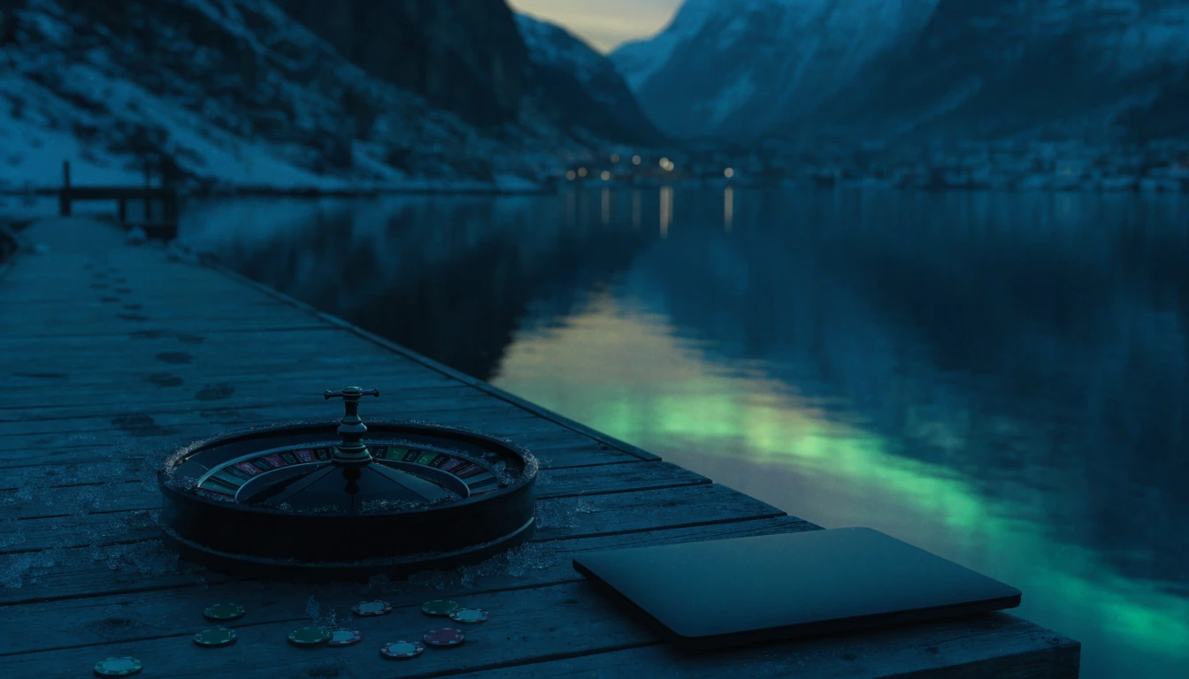 Norsk fjord ved skumring med kasinobrikker og ruletthjul på bryggen