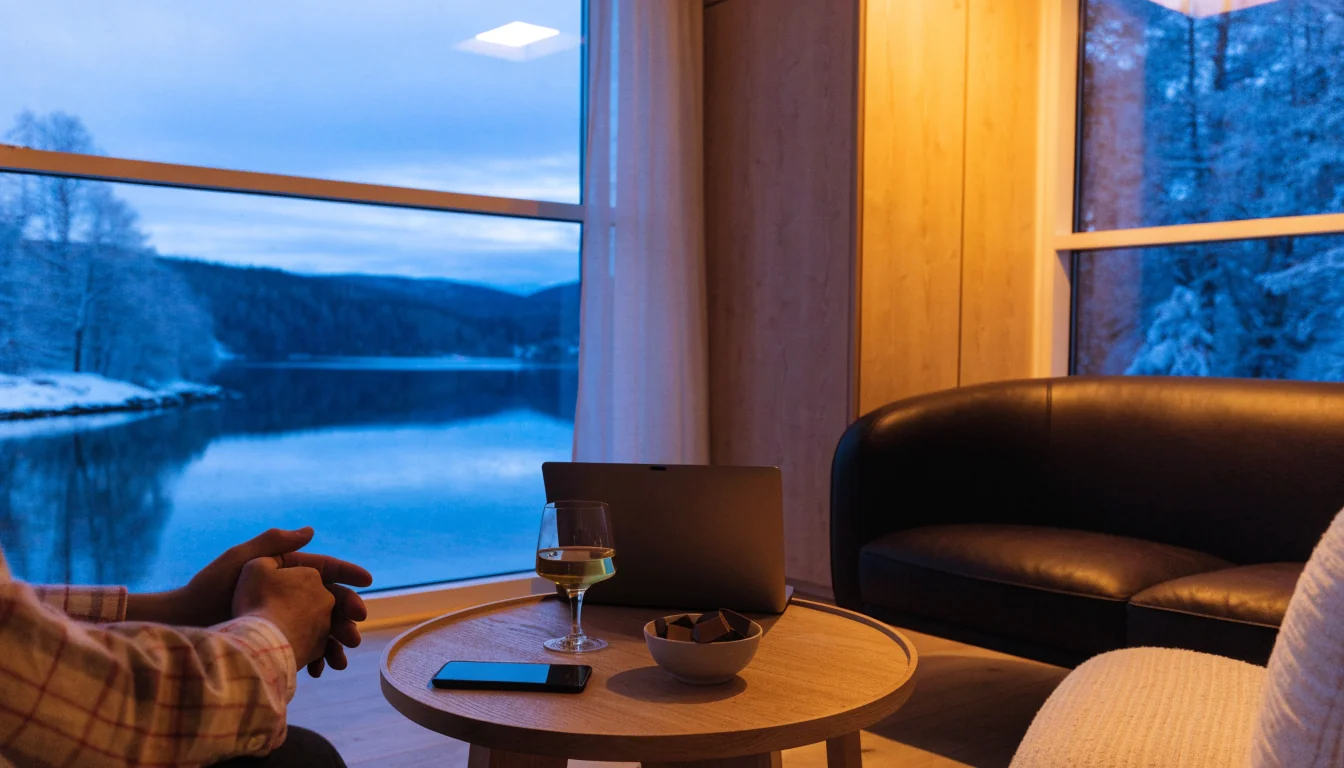 Koselig stue med telefon på bordet og utsikt over norsk fjord