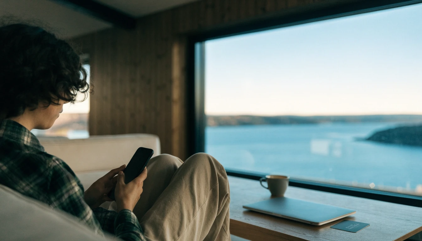 Person i moderne norsk stue med telefon og forhåndsbetalt kort på bordet