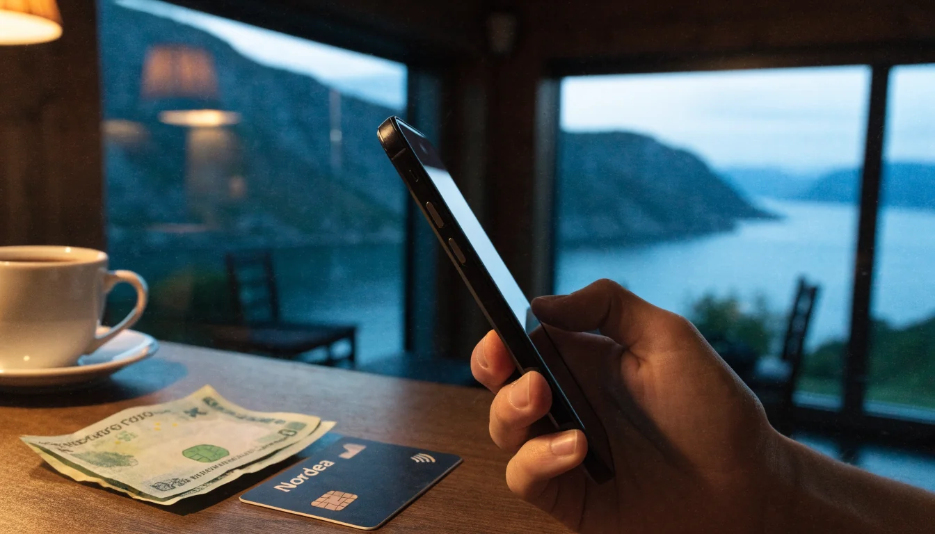 Norsk hånd med telefon, bankkort og sedler ved fjordvindu